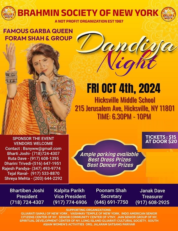 Brahmin Society of New York Celebrate Navaratri Dandiya Night with Garba Queen Foram Shah