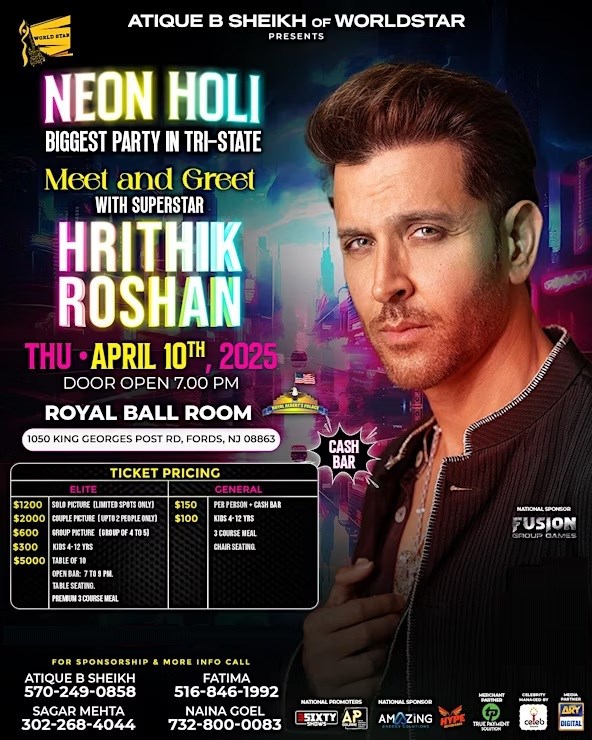 Neon Holi 2025 - Meet & Greet with Hrithik Roshan - New Jersey