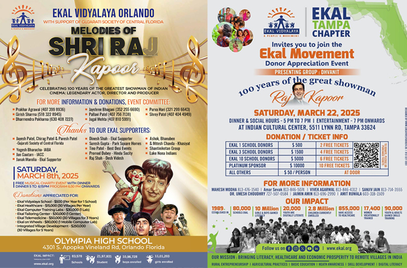 Ekal Vidyalaya Donor Appreciation Event on Mar 22 at Tampa and Melodies of Shiraj Kapoor on March 8 at Orlando