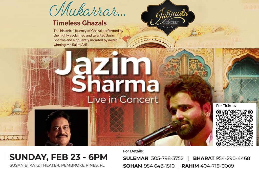 Jazim Sharma Live in Concert with Narration by Salim Arif in South Florida on Feb 23