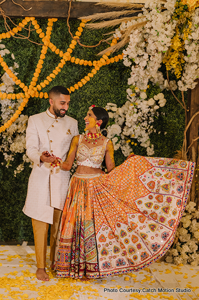 Happiest wedding couple at haldi function